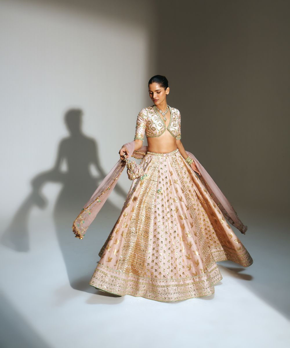 FARIHA - HEAVY HAND EMBROIDERED BLUSH PINK KALI LEHENGA PAIRED WITH OUR SIGNATURE BLOUSE AND MATCHING DUPATTA -