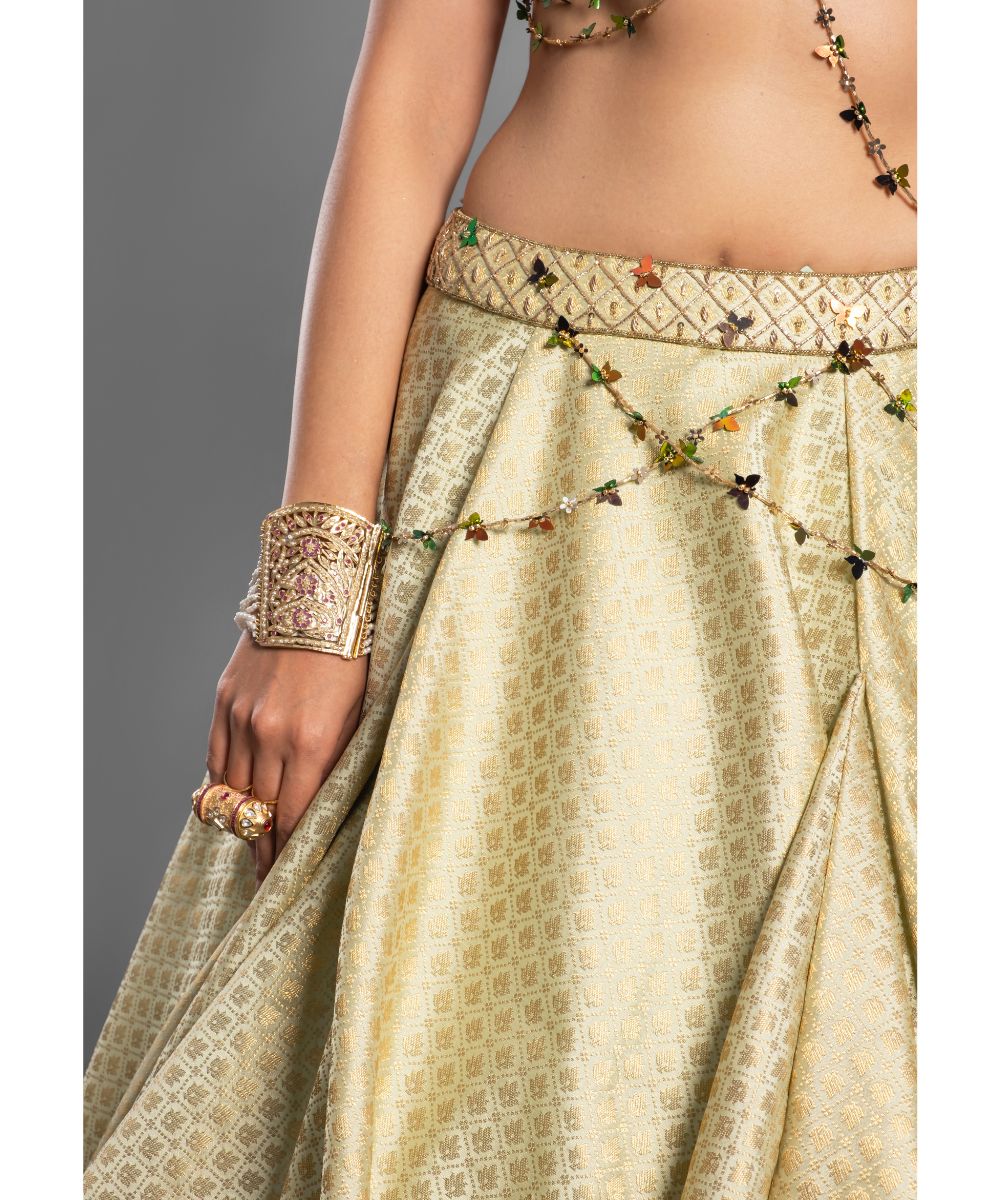 Lime Green Brocade Lehenga Asymmetrical Drape Blouse