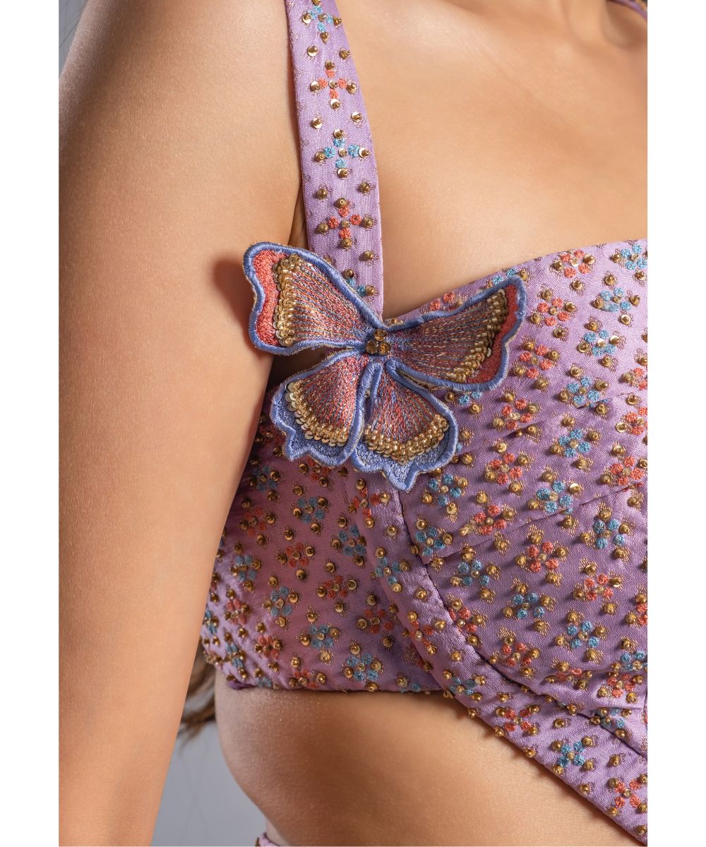 Aastha Sood - Lavender hued Jumpsuit Hand Embroidered Brocade draped Bodice and silk tissue Pants