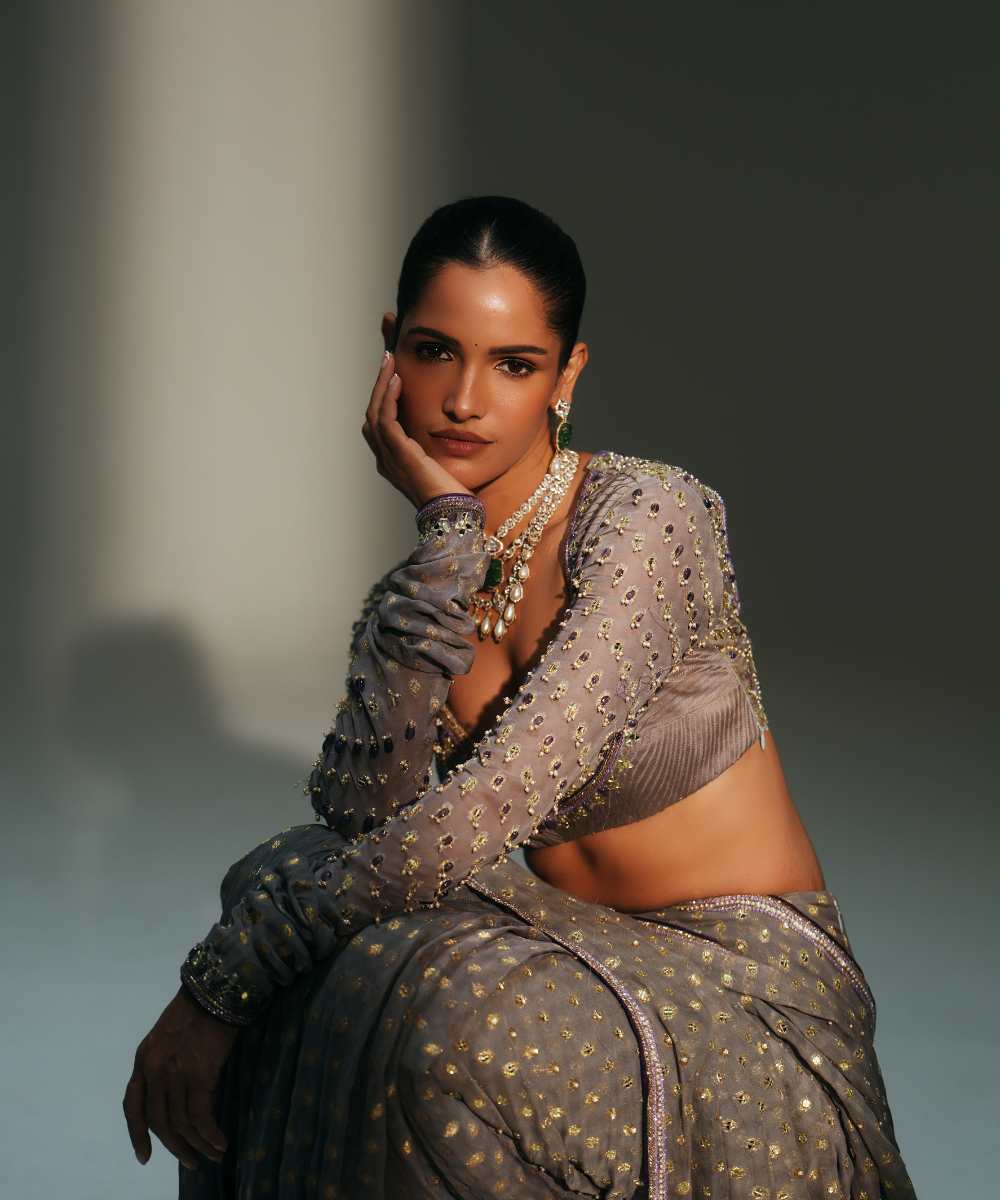 DRITI - PLATINUM HAND EMBROIDERED PREDRAPED SAREE - Mehfil by Mahima Mahajan