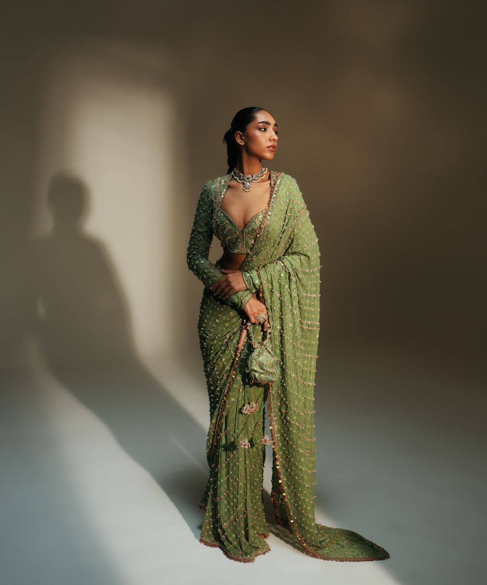 UNNATI - HEAVY HAND EMBROIDERED PREDRAPED SAREE PAIRED WITH FULL SLEVEES BLOUSE - Mehfil by Mahima Mahajan