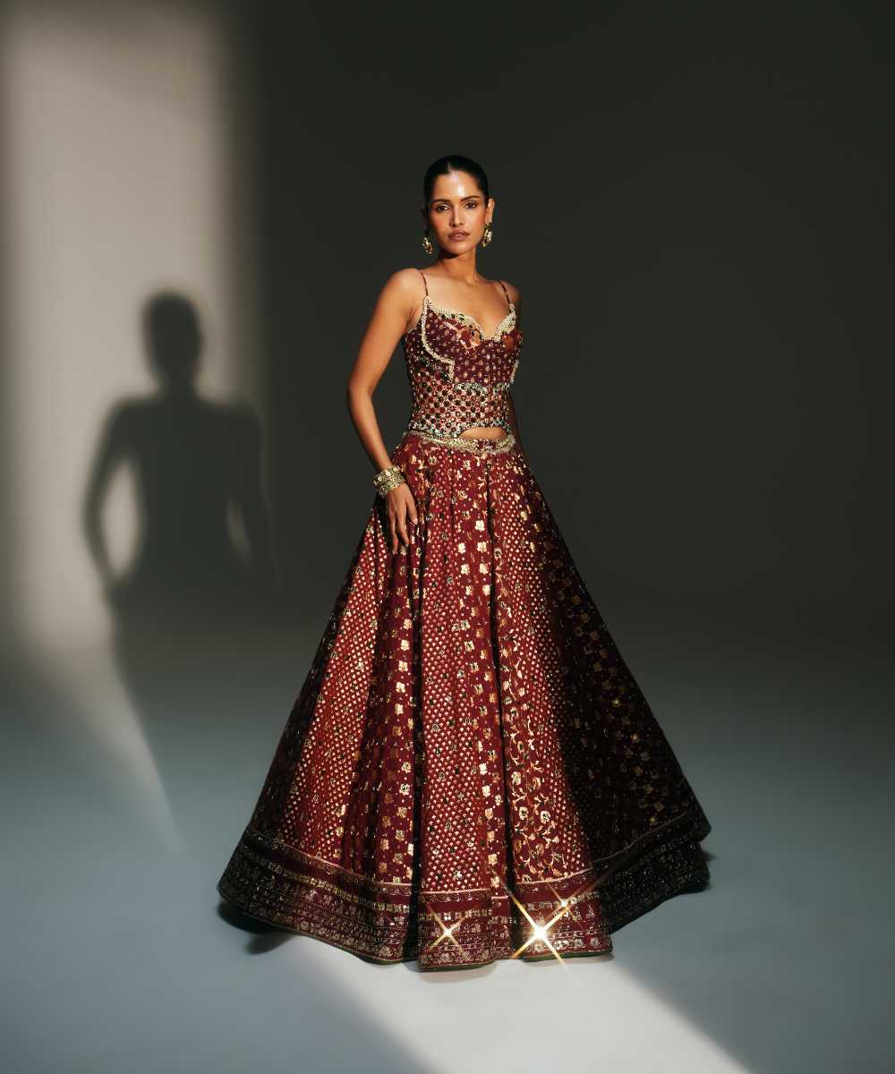 MALA - HEAVY HAND EMBROIDERED KALI LEHENGA WITH CORSET AND DUPATTA - Mehfil by Mahima Mahajan