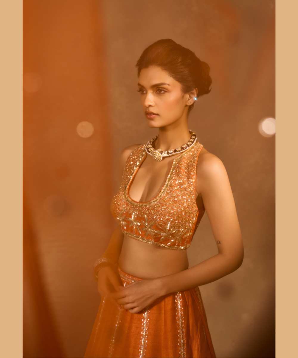 MAPLE LEHENGA - Raw silk lehenga with finely embroidered velvet palm appliqué in blue, maroon, green, and pink, highlighted with glass beads paired with a delicately embellished high-neck décolleté plunge blouse - Leher by Chamee and Palak