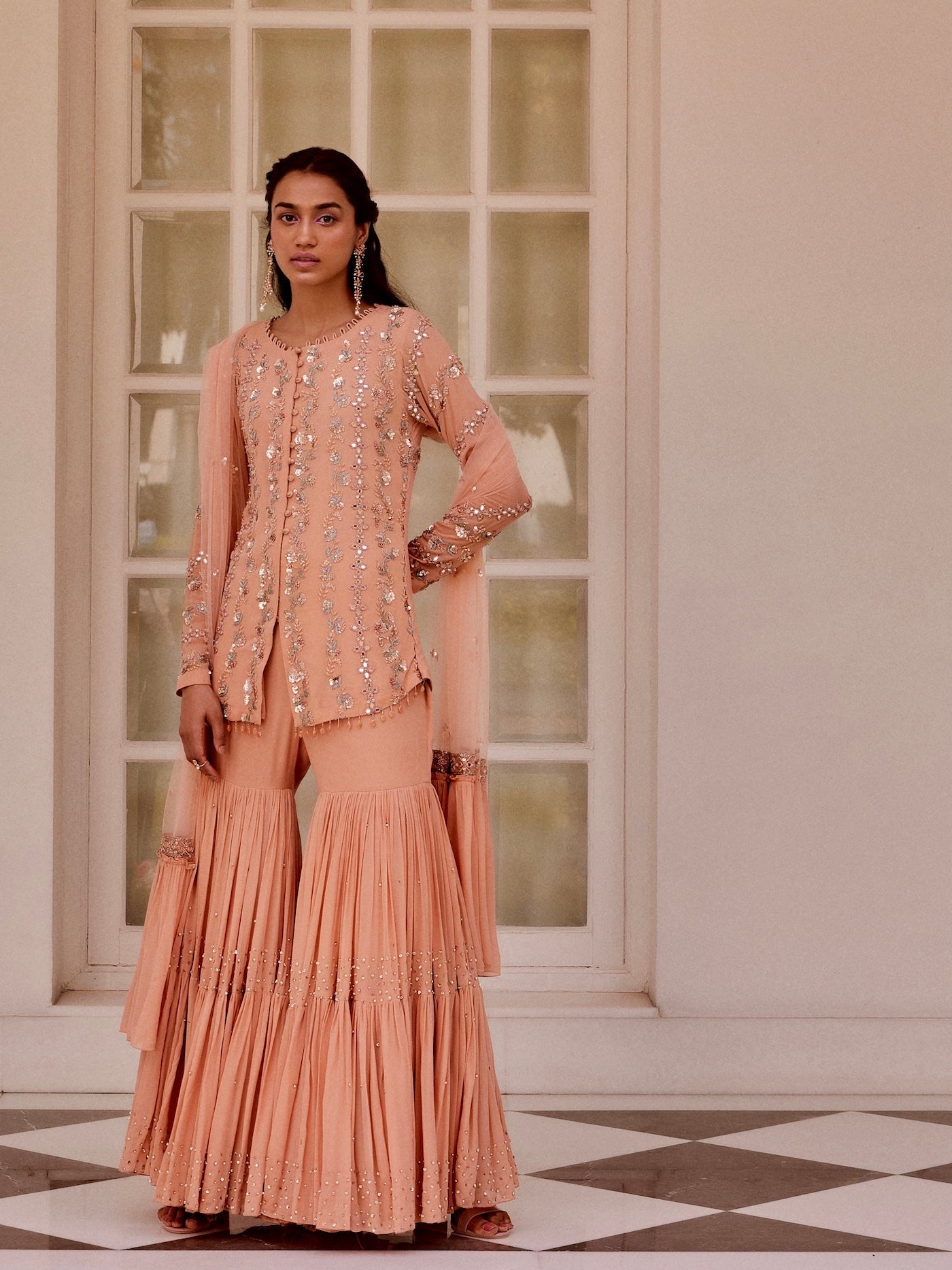 Sanya Gulati - Rose Gold Kurta and Tiered Sharara With Dupatta Set from Fizah