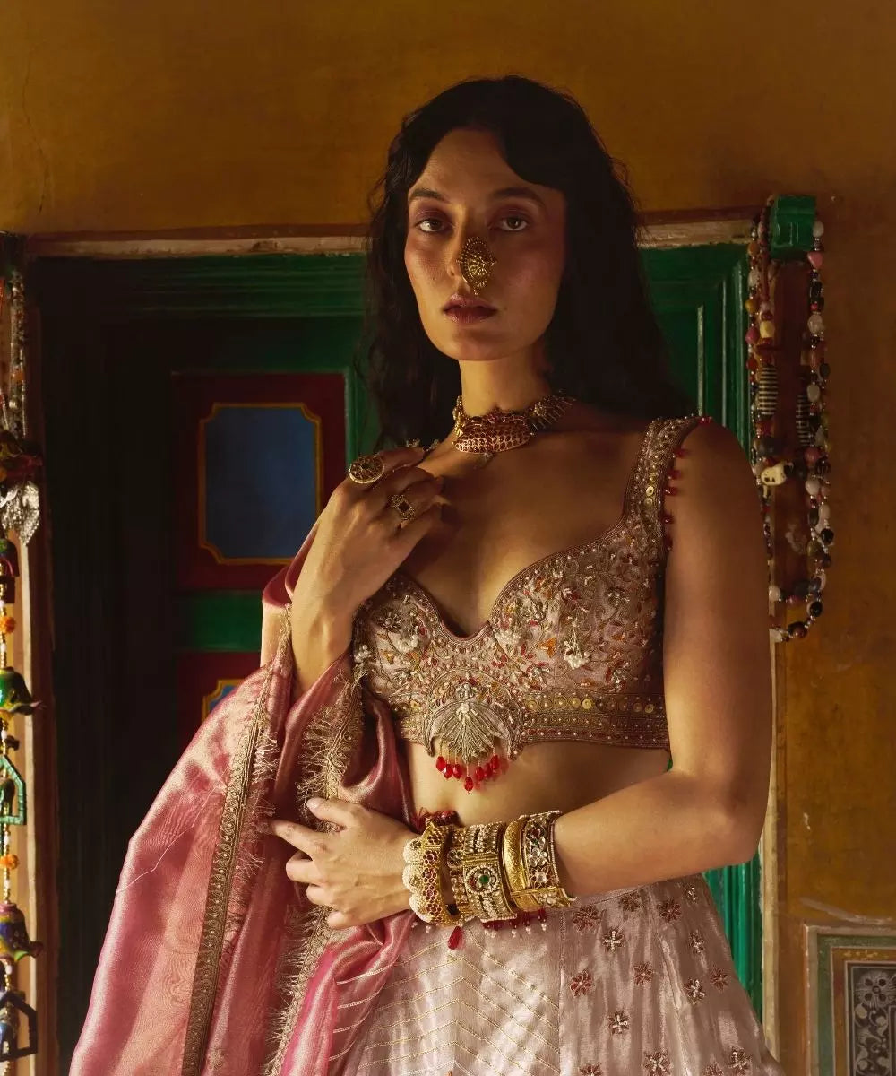 Aditi Gupta - Rose Gold pure zari tissue with rose pink tissue dupatta Lehenga Set