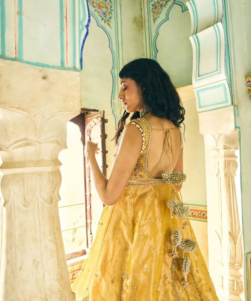 Aditi Gupta - Mustard Yellow pure Zari Tissue Jacket with crushed Silk Skirt Set