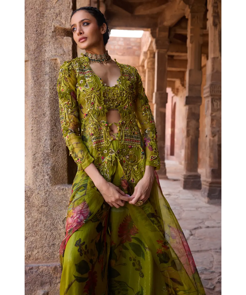 AWIGNA - Green long jacket set paired with Plazzo and embellished bustier