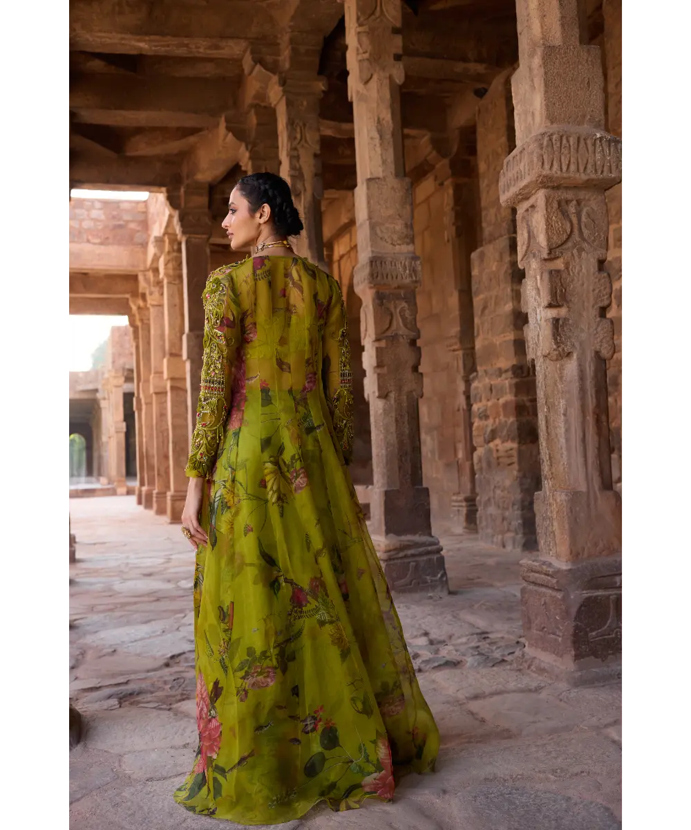 AWIGNA - Green long jacket set paired with Plazzo and embellished bustier