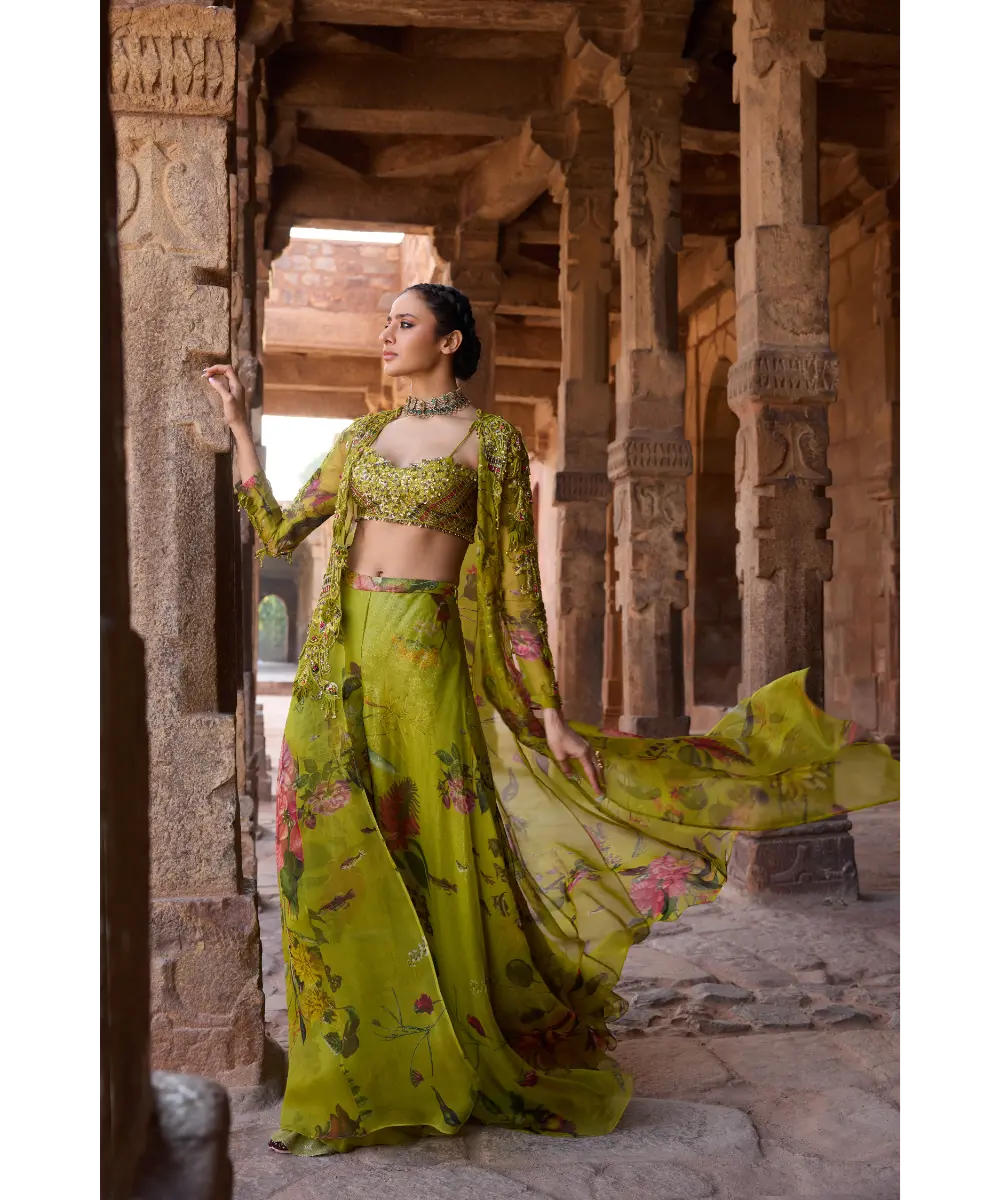 AWIGNA - Green long jacket set paired with Plazzo and embellished bustier