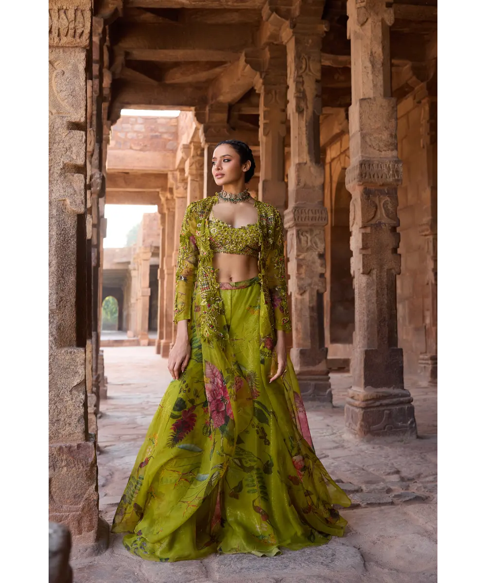 AWIGNA - Green long jacket set paired with Plazzo and embellished bustier