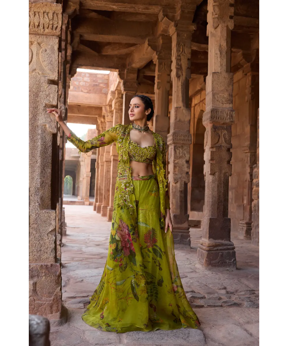 AWIGNA - Green long jacket set paired with Plazzo and embellished bustier