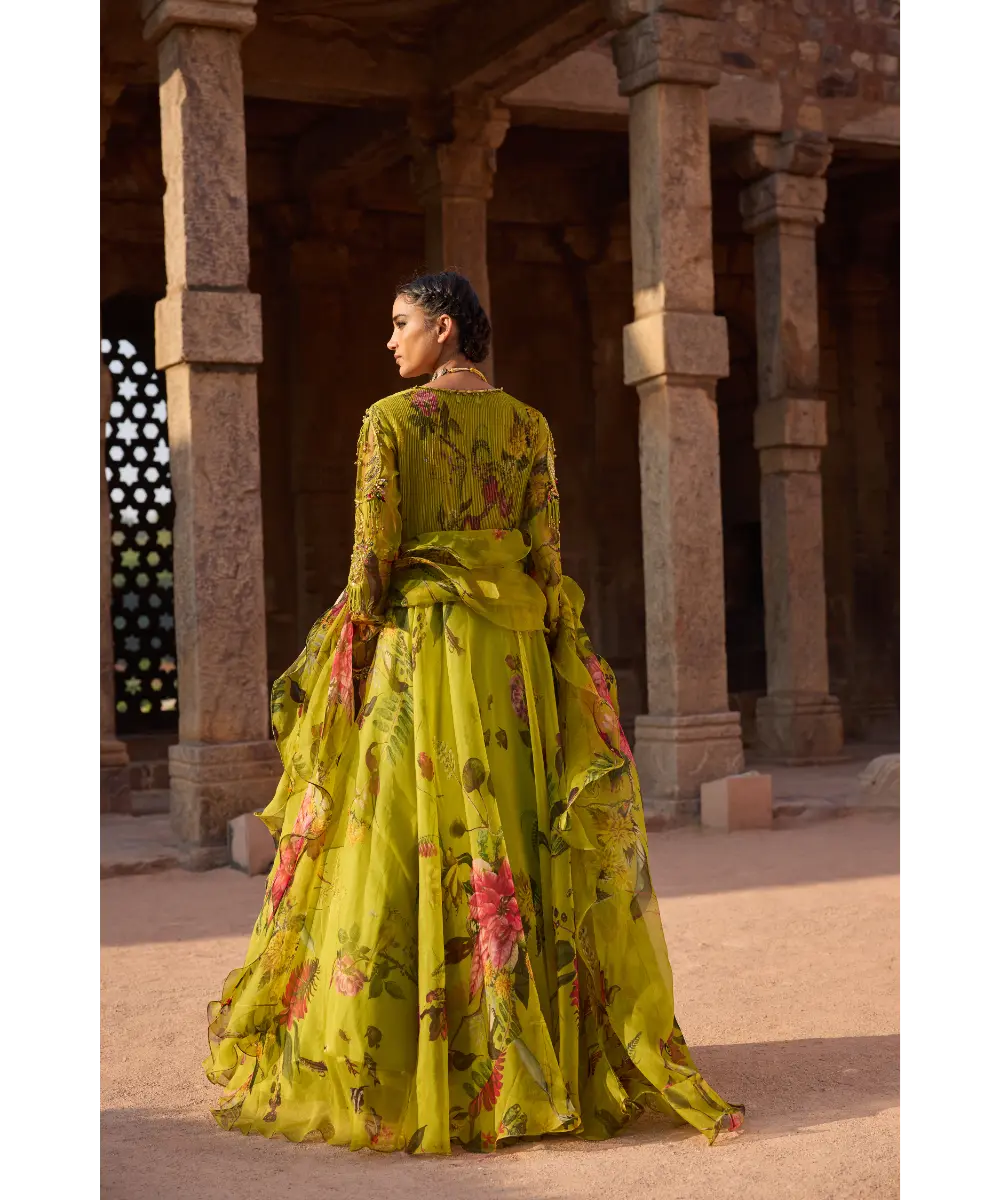 AWIGNA - Green printed embellished anarkali set