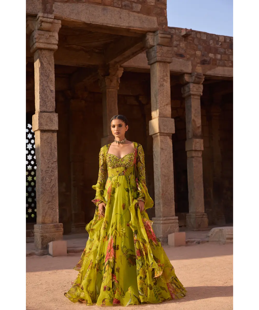 AWIGNA - Green printed embellished anarkali set