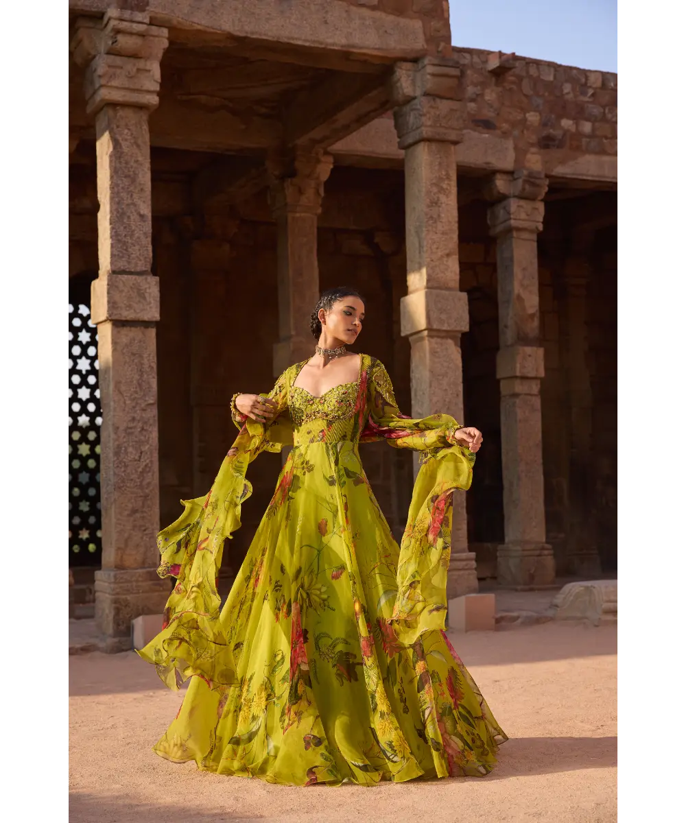 AWIGNA - Green printed embellished anarkali set