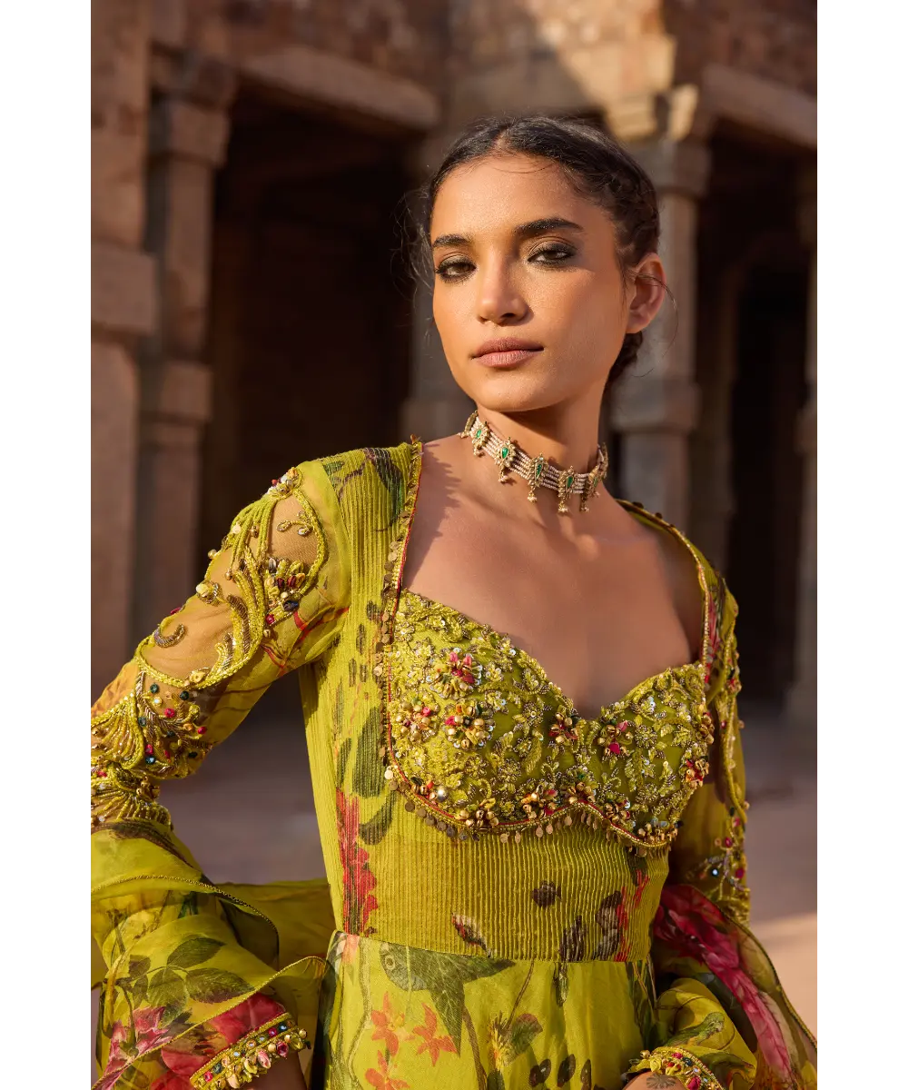 AWIGNA - Green printed embellished anarkali set