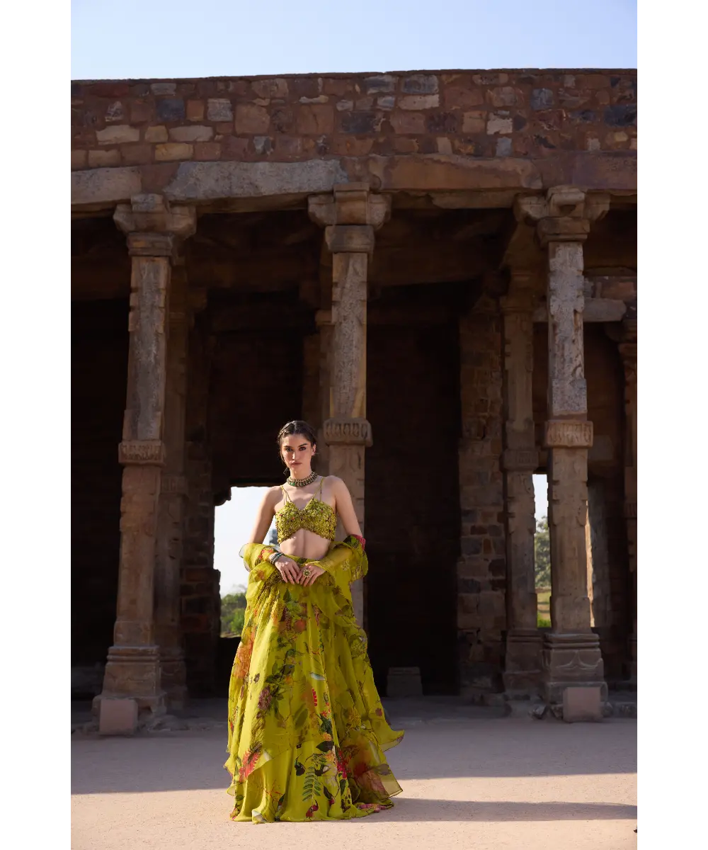 AWIGNA - Green printed embellished lehenga set