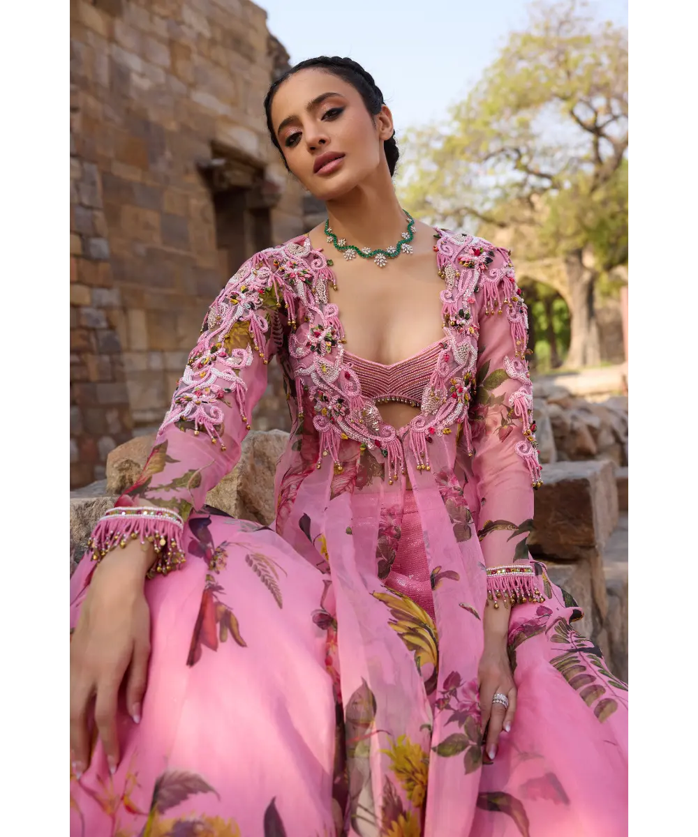 AWIGNA - Pink printed embellished long jacket set with skirt and embles