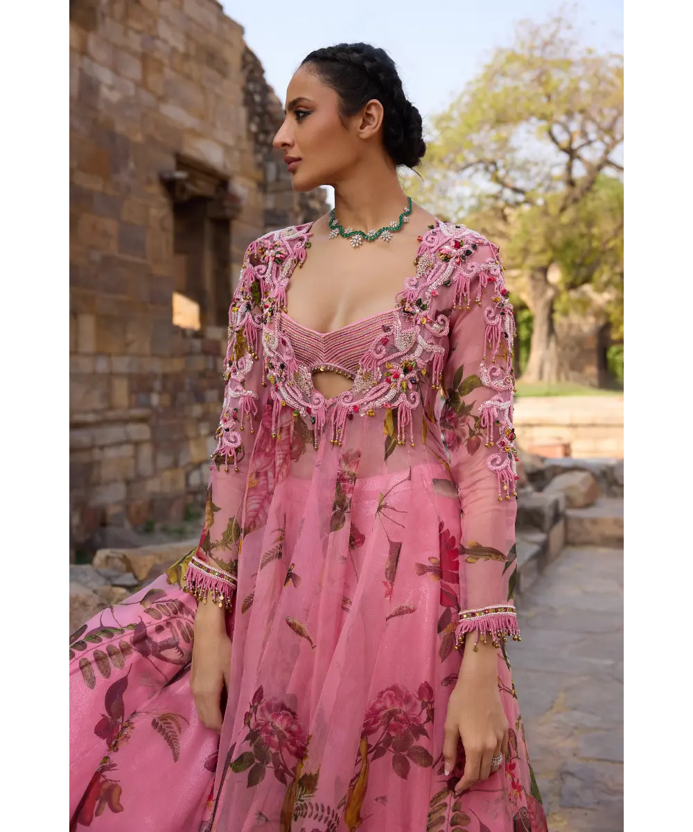 AWIGNA - Pink printed embellished long jacket set with skirt and embles