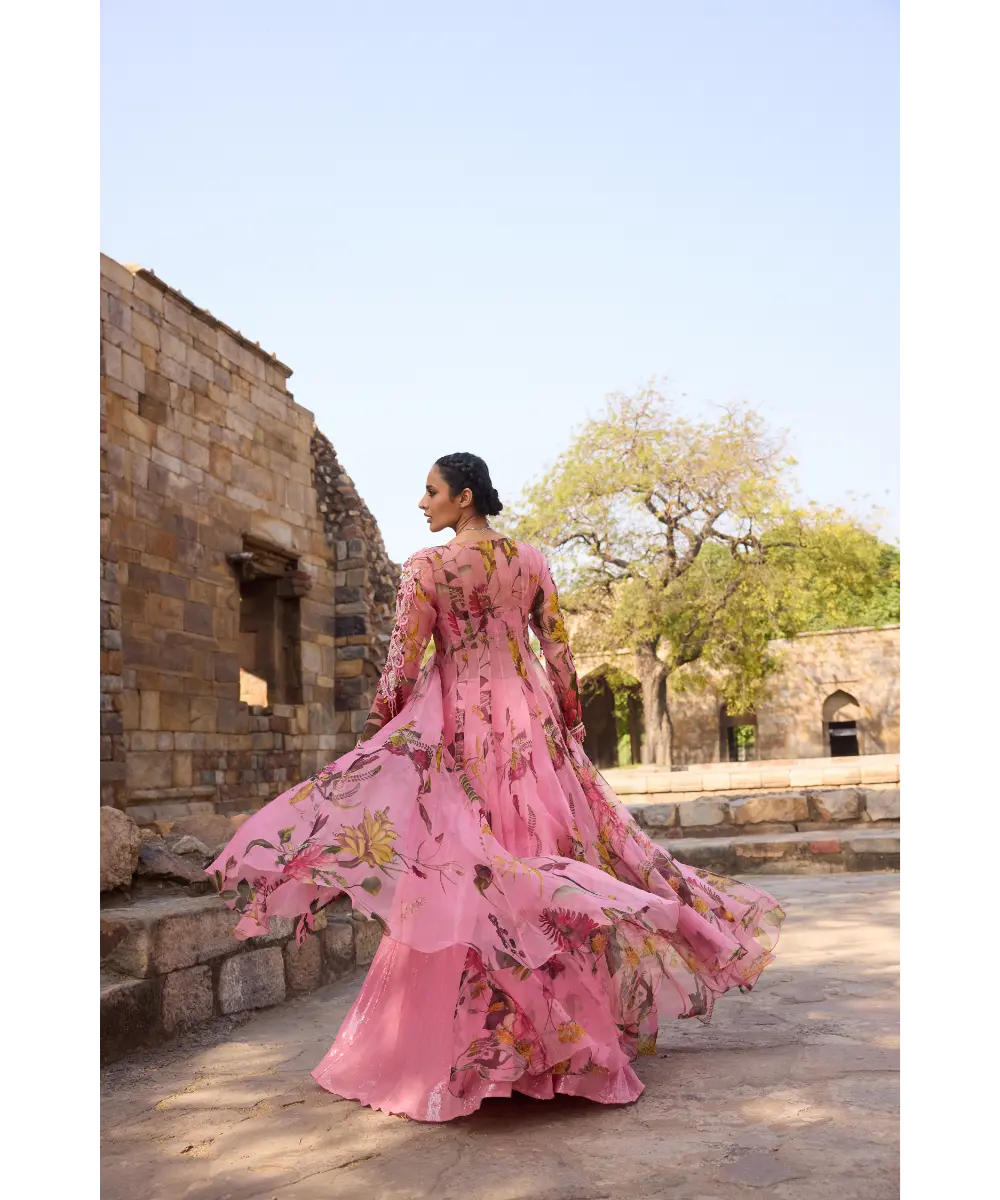 AWIGNA - Pink printed embellished long jacket set with skirt and embles