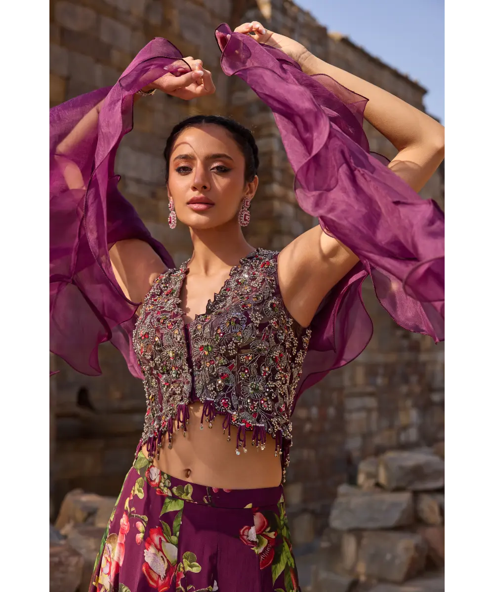 AWIGNA - Purple printed embellished lehenga set