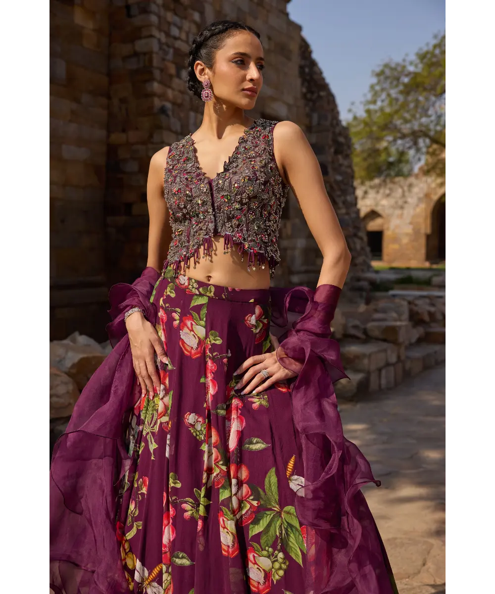 AWIGNA - Purple printed embellished lehenga set