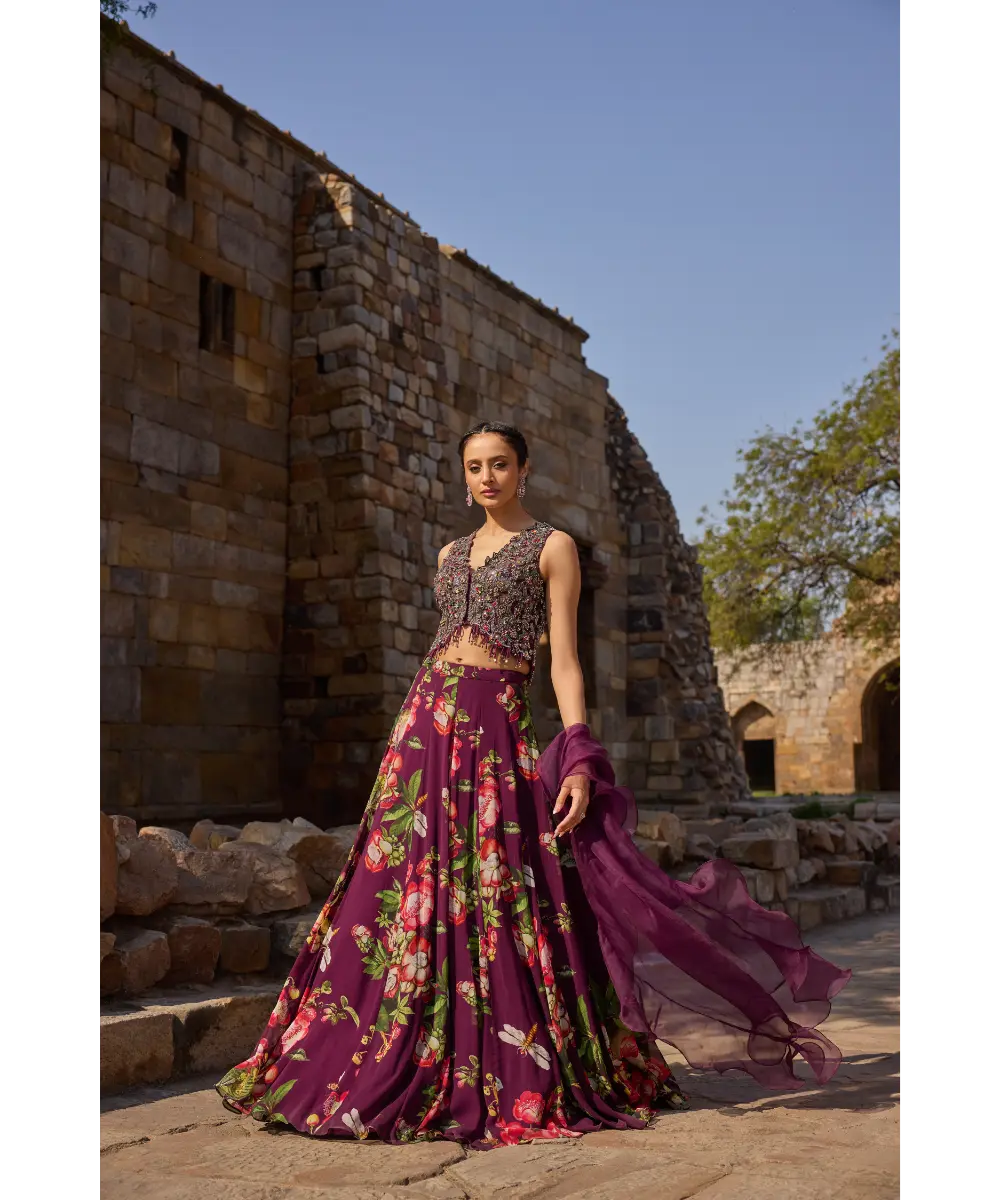 AWIGNA - Purple printed embellished lehenga set