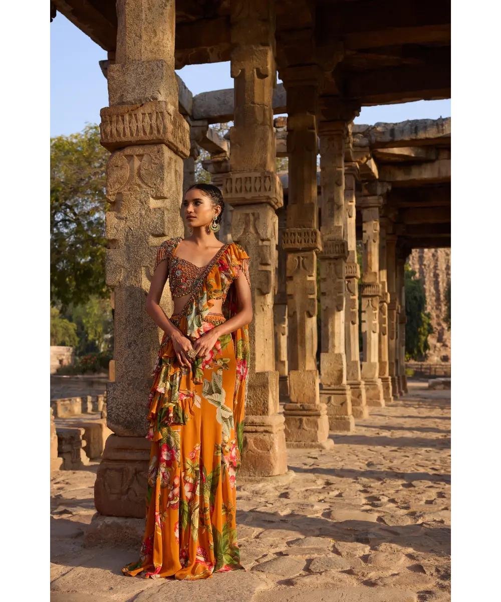 AWIGNA - Orange printed embellished drape saree set