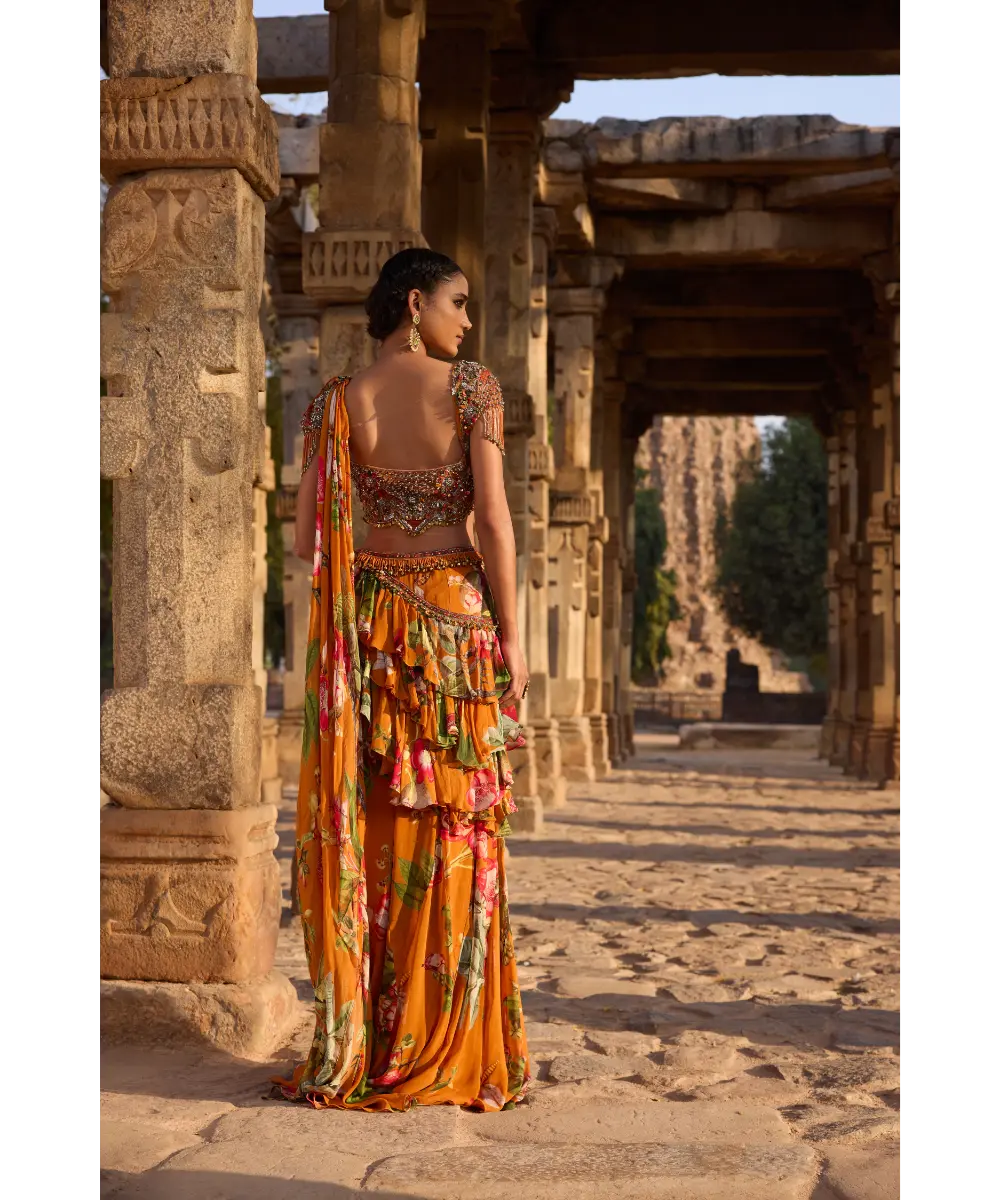 AWIGNA - Orange printed embellished drape saree set