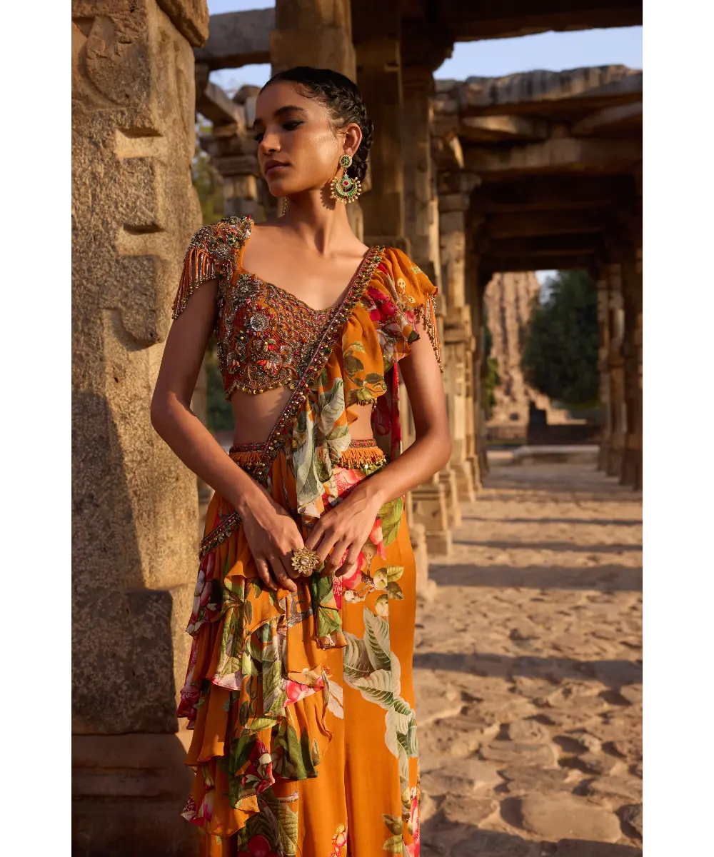 AWIGNA - Orange printed embellished drape saree set
