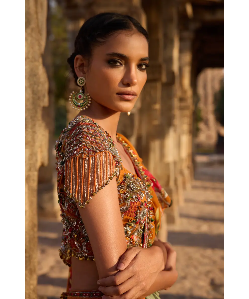 AWIGNA - Orange printed embellished drape saree set