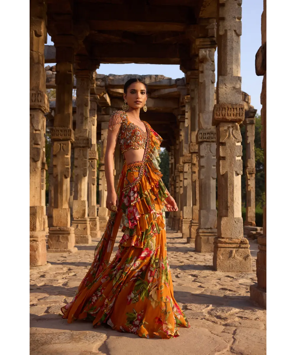 AWIGNA - Orange printed embellished drape saree set