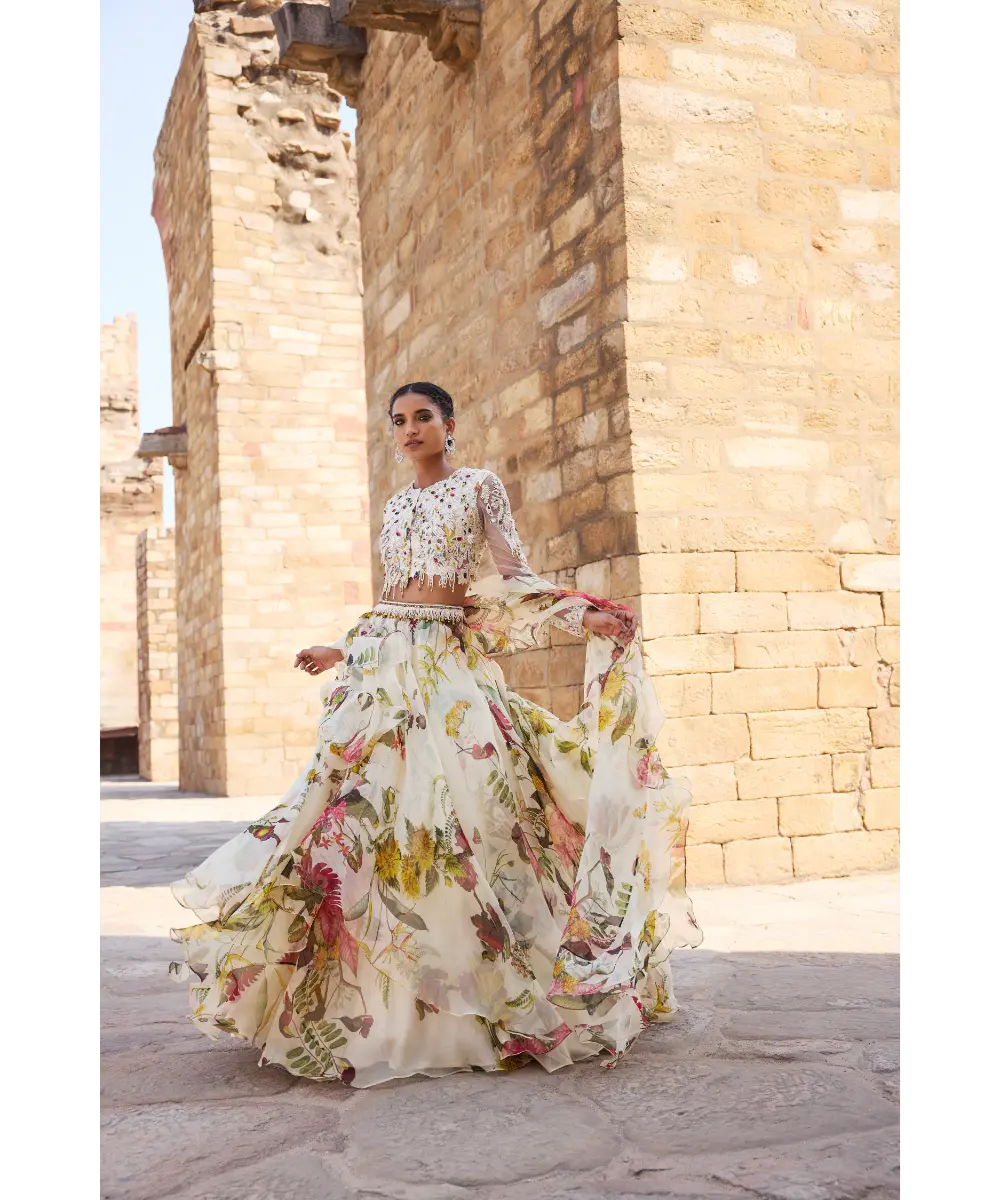 AWIGNA - Ivory printed embellished top paired with skirt