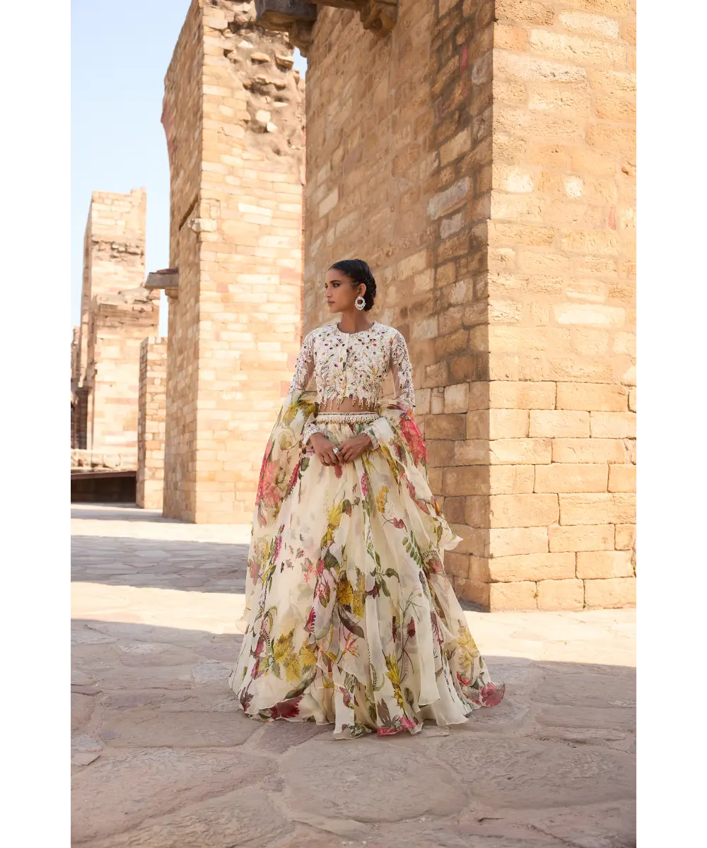 AWIGNA - Ivory printed embellished top paired with skirt