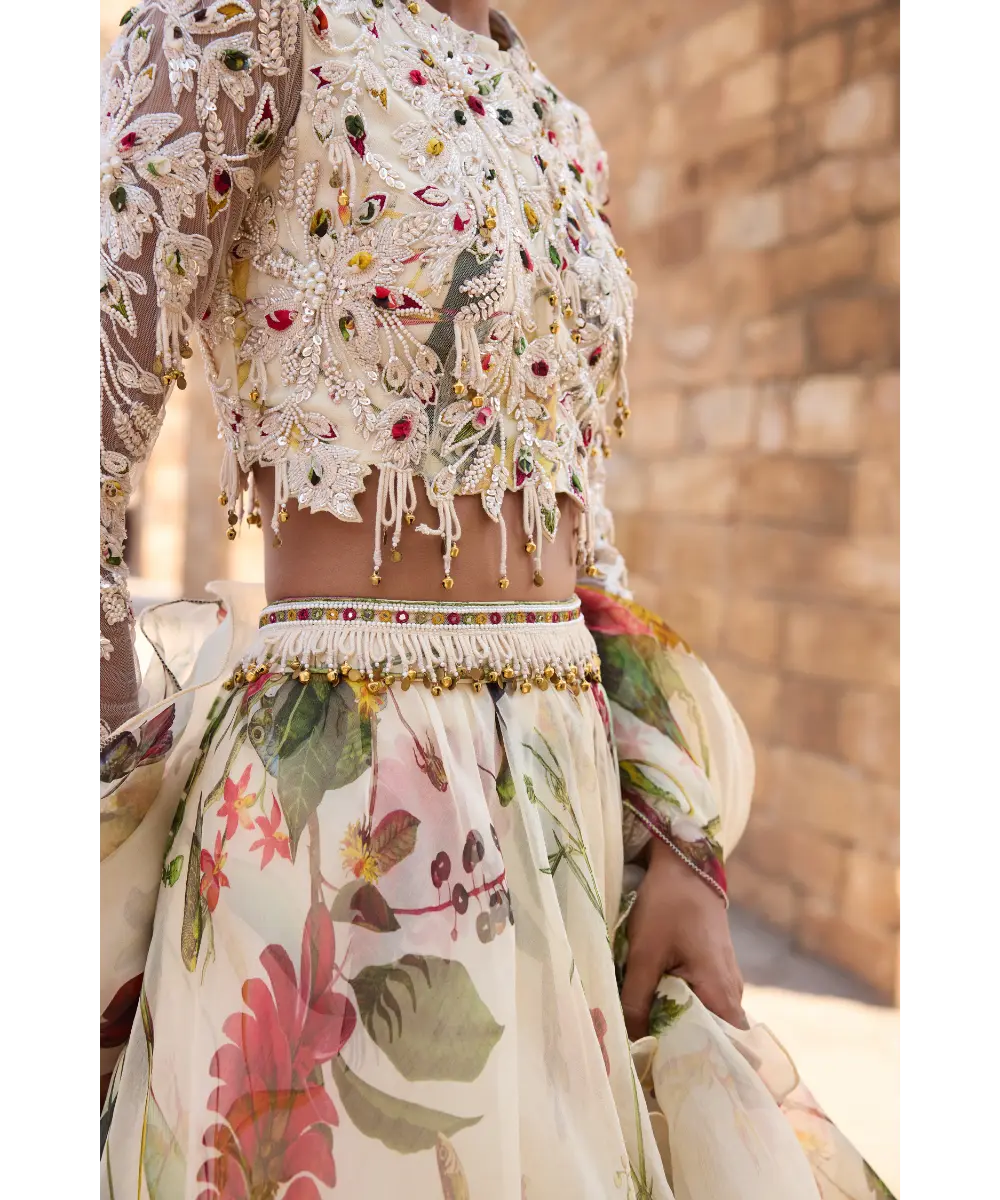 AWIGNA - Ivory printed embellished top paired with skirt