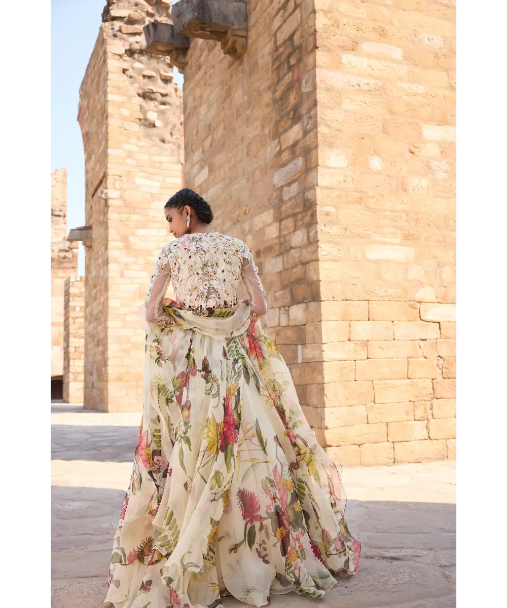 AWIGNA - Ivory printed embellished top paired with skirt