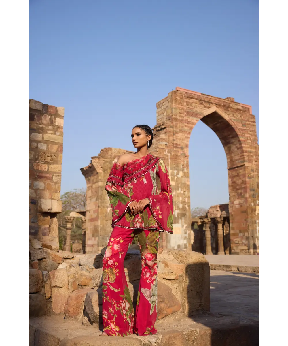 AWIGNA - Fuchsia printed one shoulder tunic set