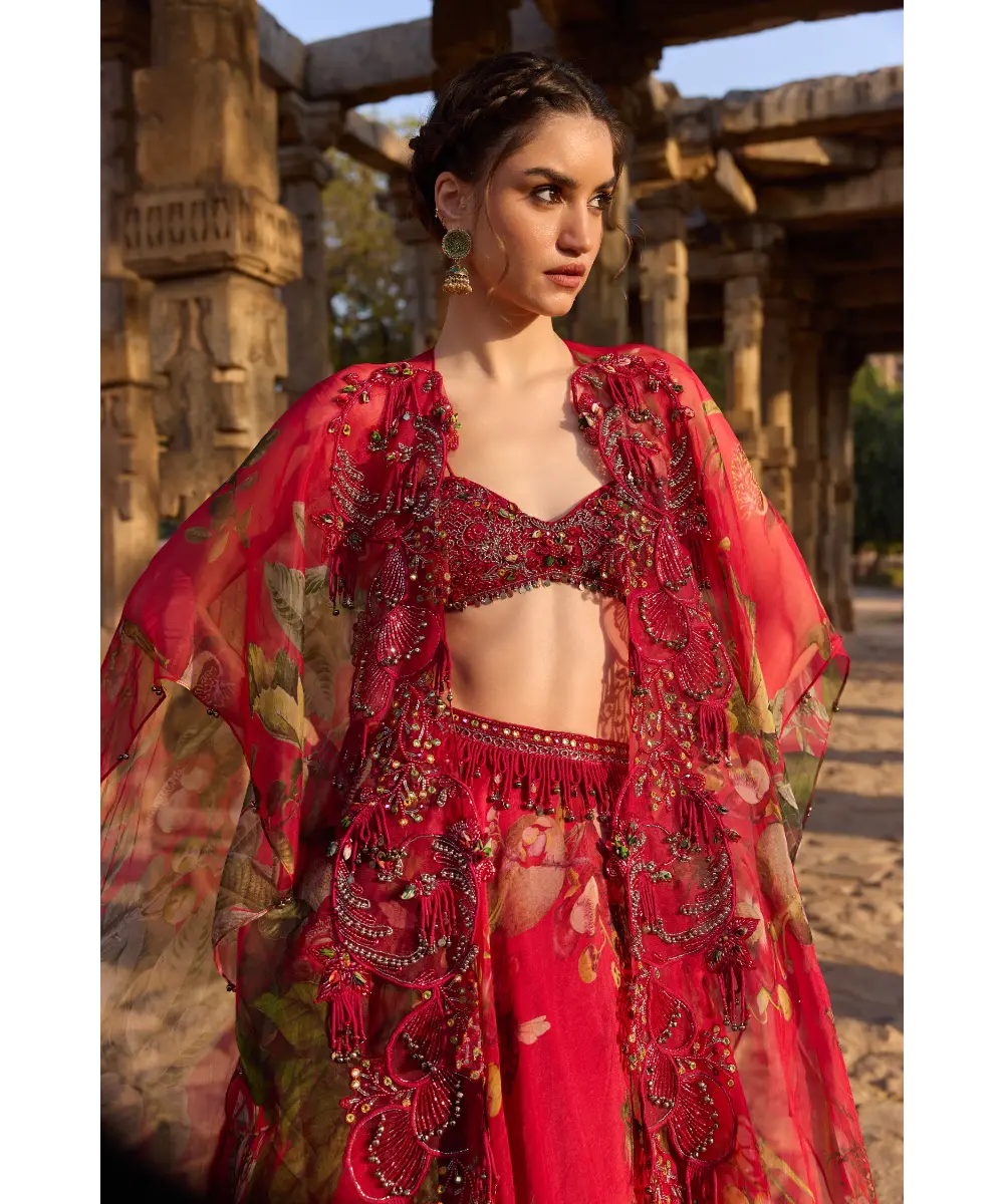 AWIGNA - Fuchsia printed embellished cape set paired with skirt and embellished busiter