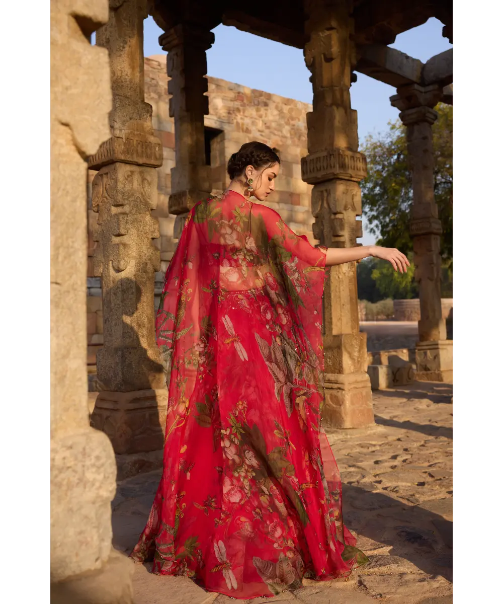 AWIGNA - Fuchsia printed embellished cape set paired with skirt and embellished busiter