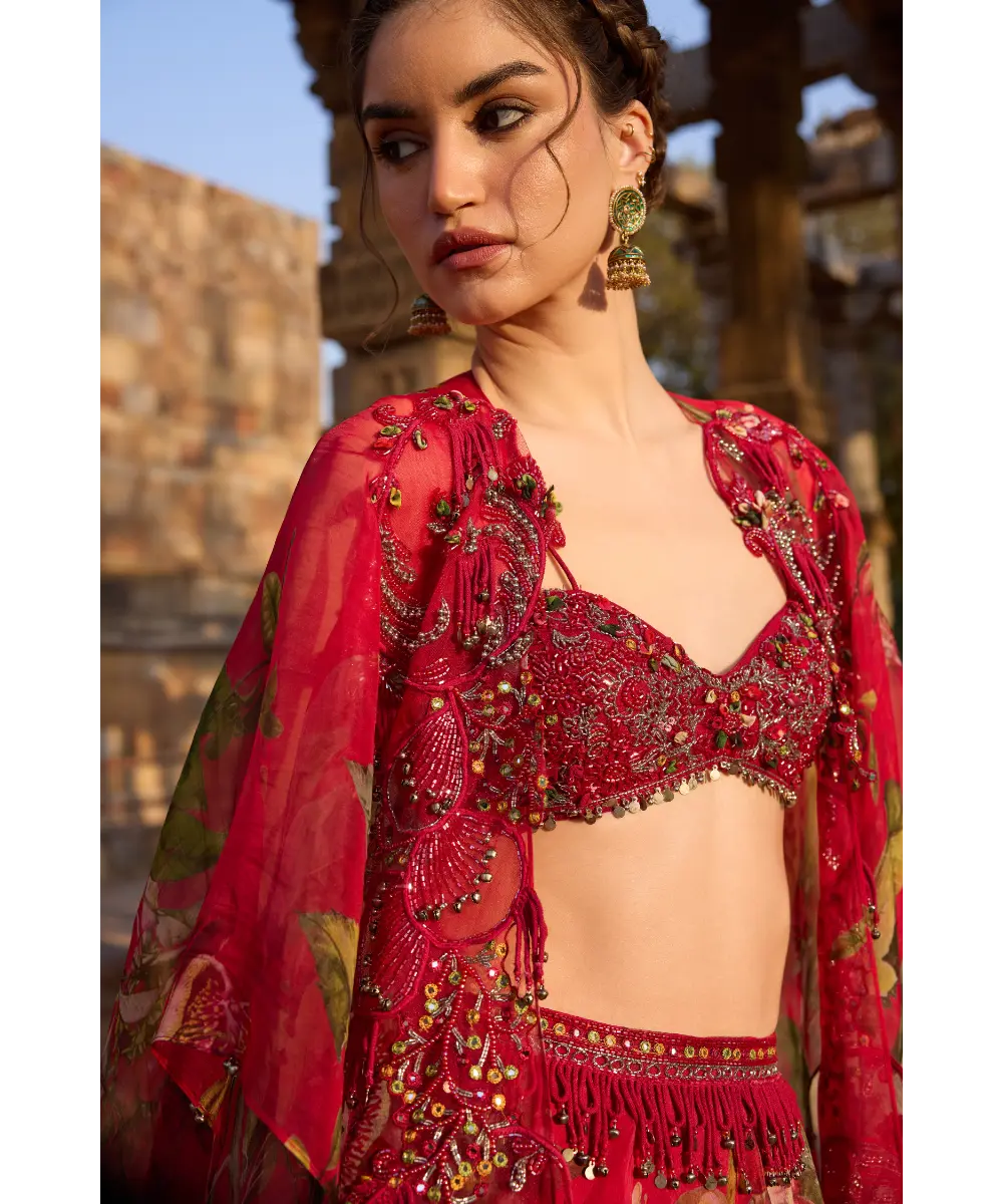 AWIGNA - Fuchsia printed embellished cape set paired with skirt and embellished busiter