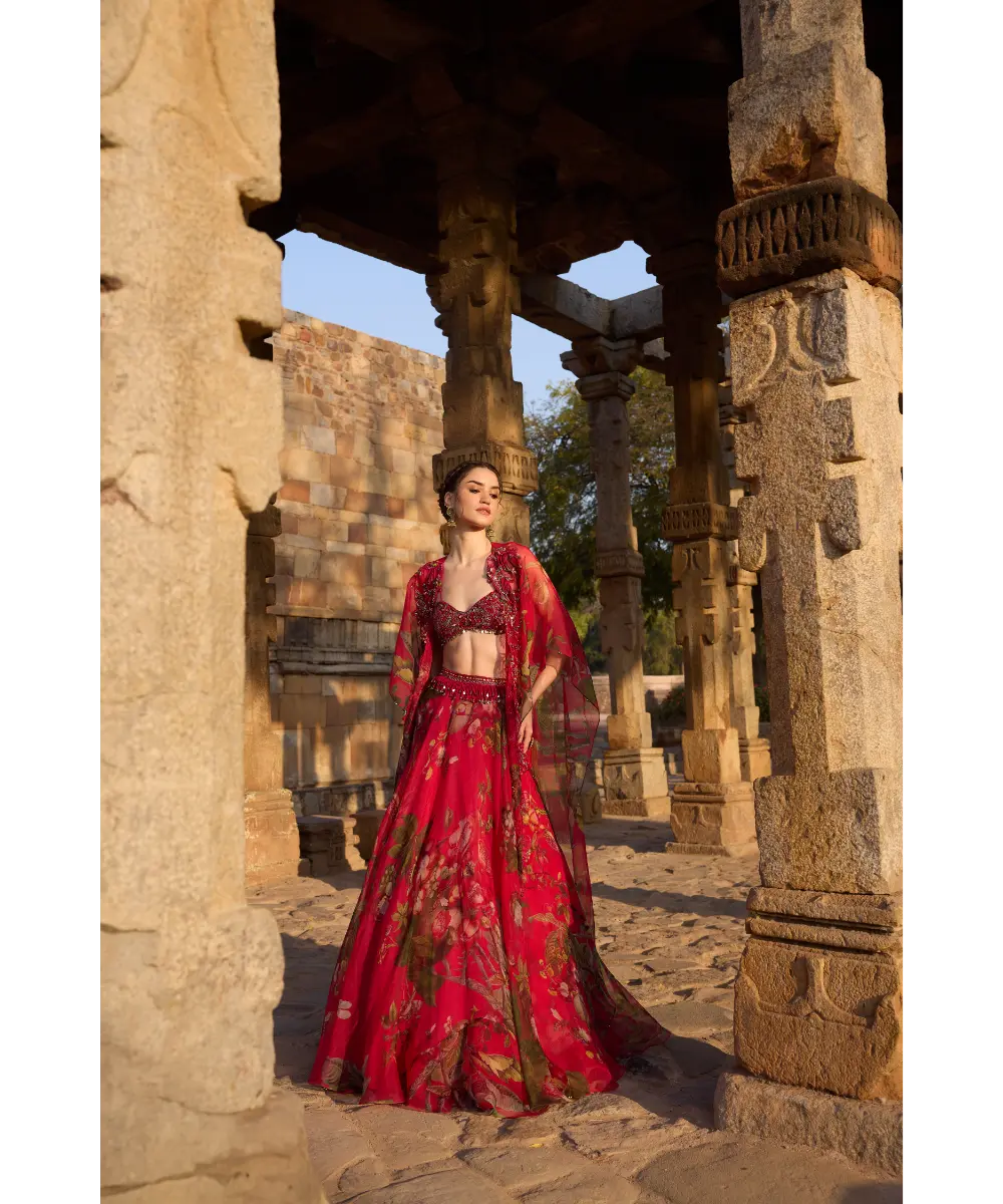 AWIGNA - Fuchsia printed embellished cape set paired with skirt and embellished busiter