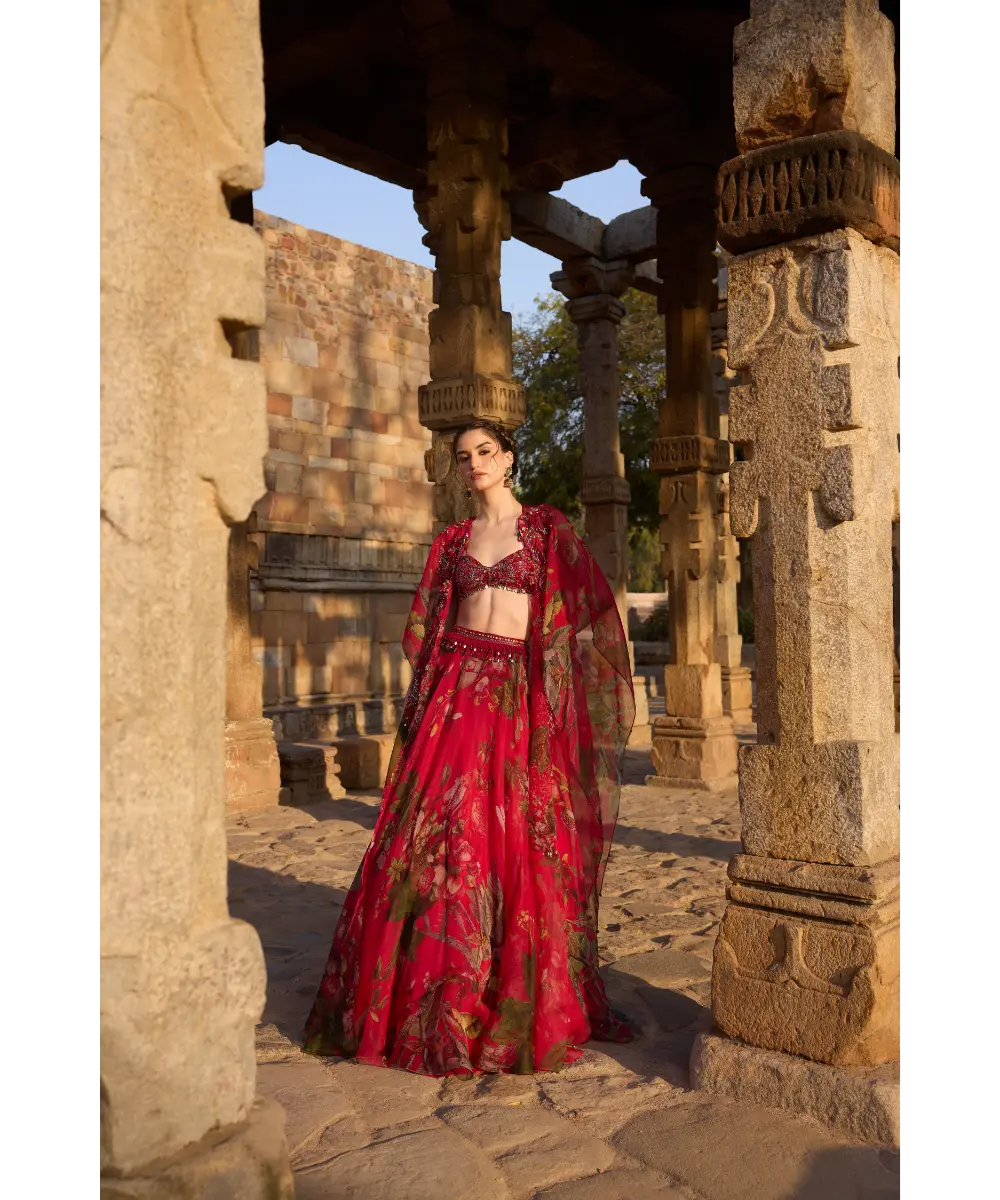 AWIGNA - Fuchsia printed embellished cape set paired with skirt and embellished busiter