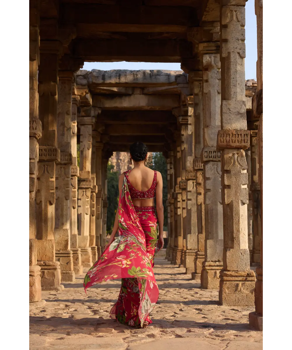 AWIGNA - Fuchsia printed embellished drape saree