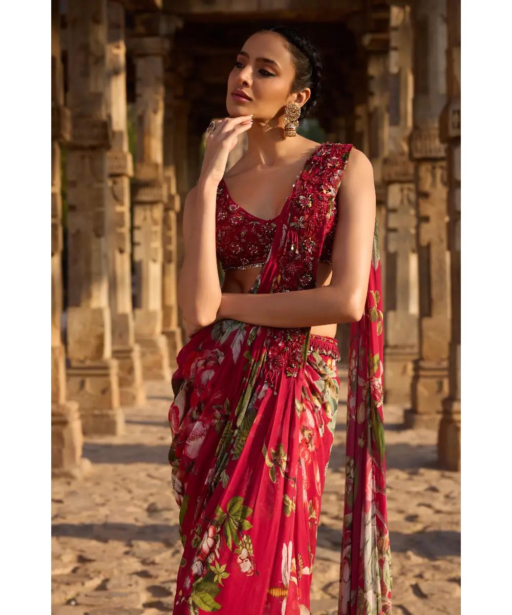 AWIGNA - Fuchsia printed embellished drape saree