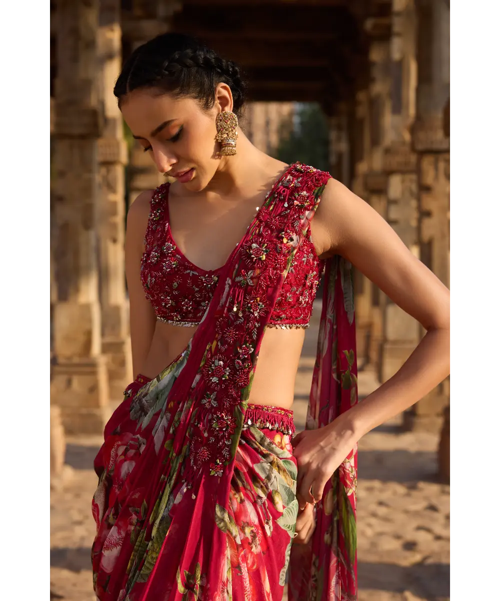 AWIGNA - Fuchsia printed embellished drape saree