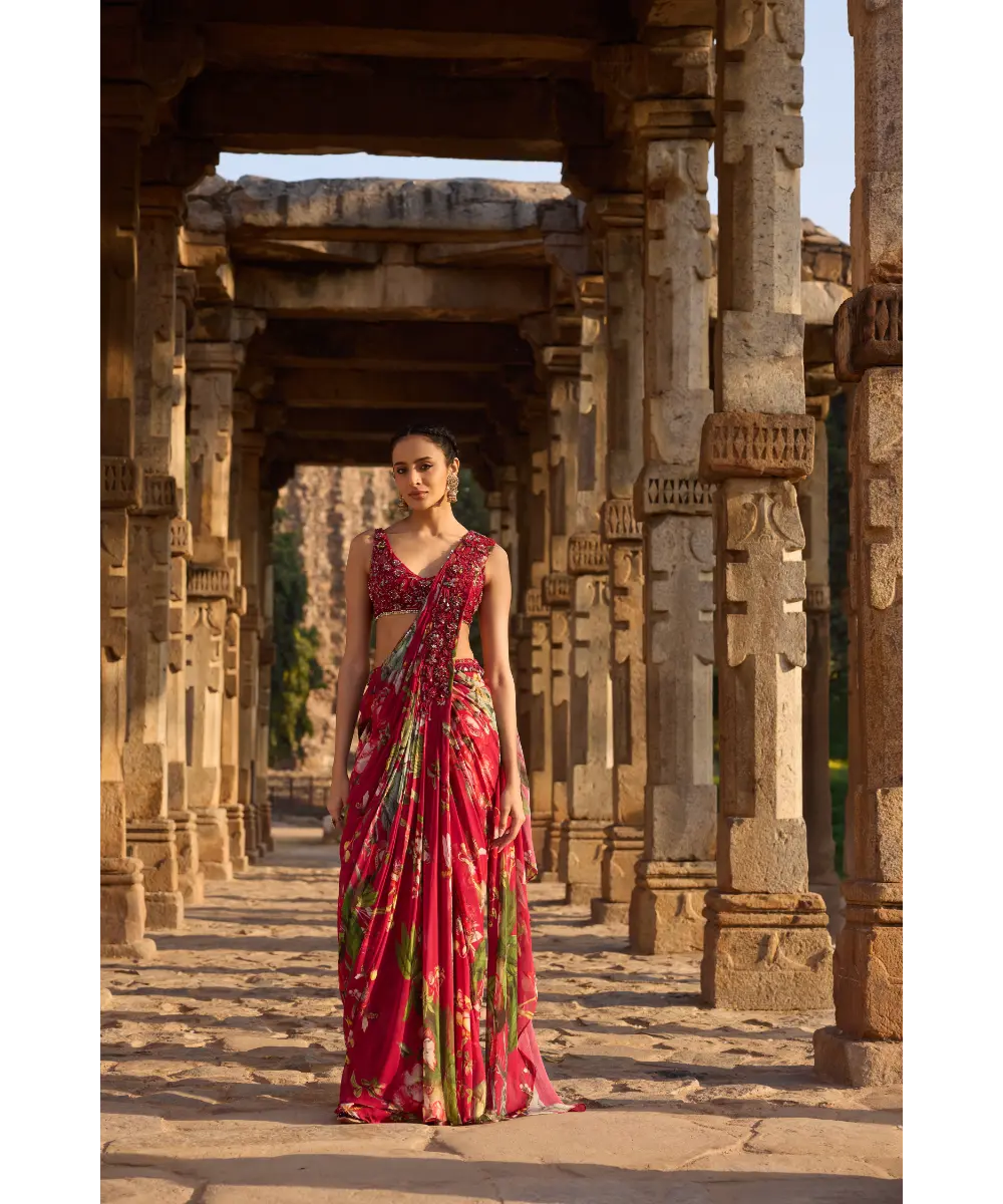 AWIGNA - Fuchsia printed embellished drape saree