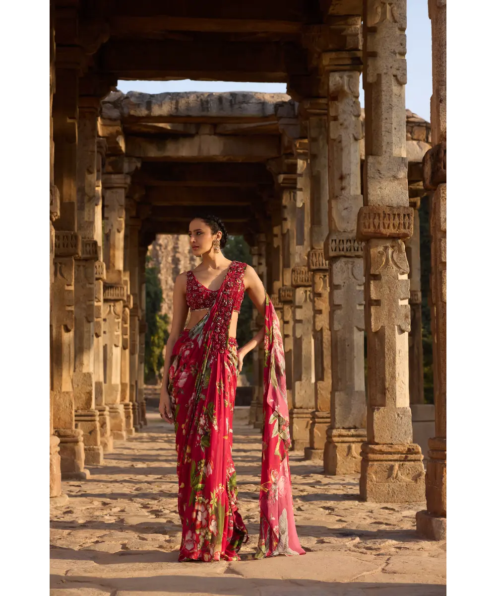 AWIGNA - Fuchsia printed embellished drape saree