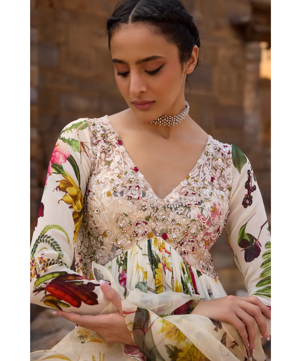 AWIGNA - Ivory printed embellished anarkali set