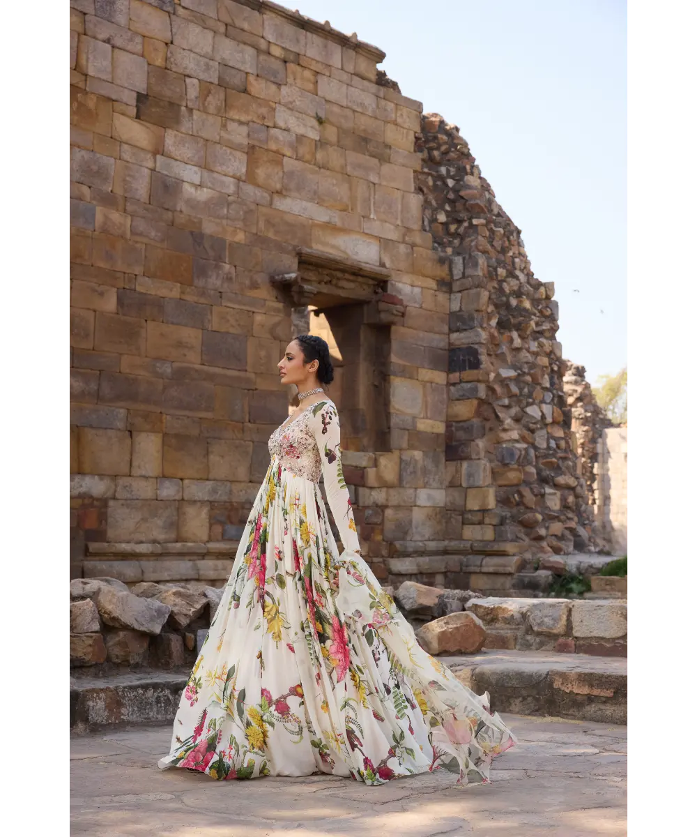 AWIGNA - Ivory printed embellished anarkali set