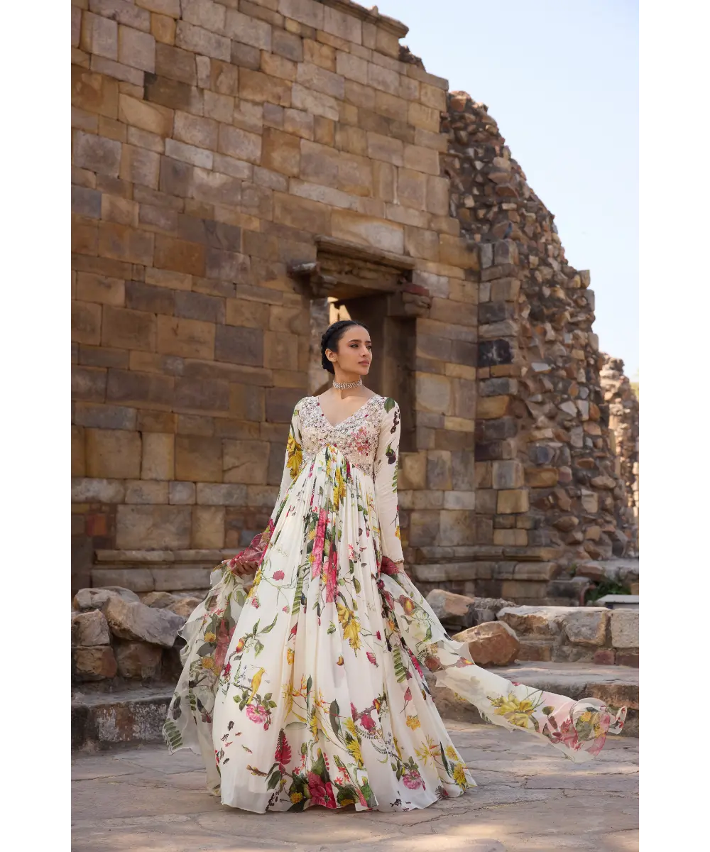 AWIGNA - Ivory printed embellished anarkali set