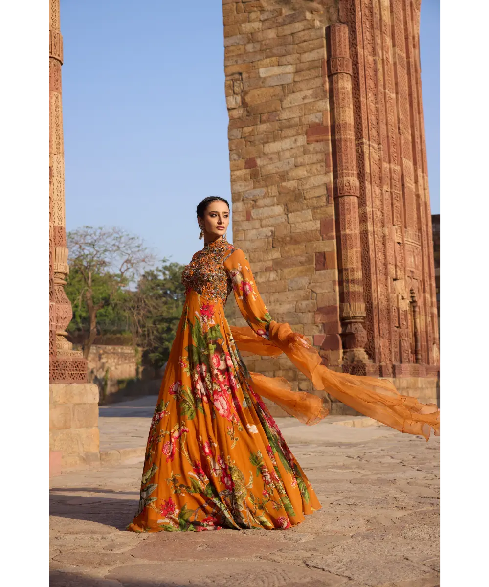 AWIGNA - Orange printed embellished anarkali set